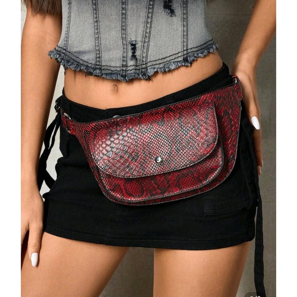 New Red Snake‎ Print Belt Bag – Faux Leather Waist Pack for Women